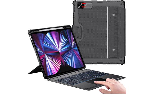 Nillkin iPad Air 13-inch Case Keyboard (M3,2025/M2,2024), Slide Camera Cover, iPad Pro 12.9 Protective Case with Backlit Wireless Detachable Keyboard Arabic / English, Trackpad and Pencil Holder - Black